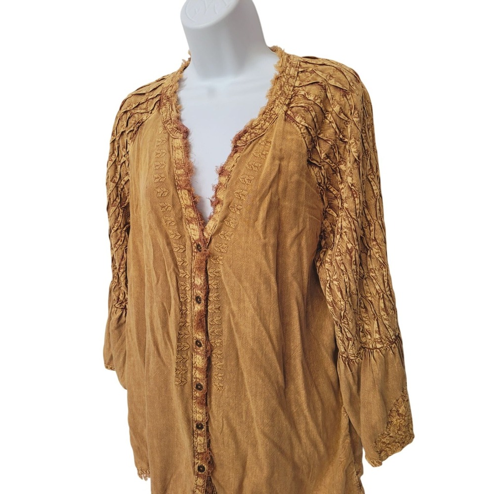 Tru Luxe Challis Vintage Wash V-neck 3/4 Sleeve Top L 3/4 flounced cuff sleeves - Picture 5 of 14